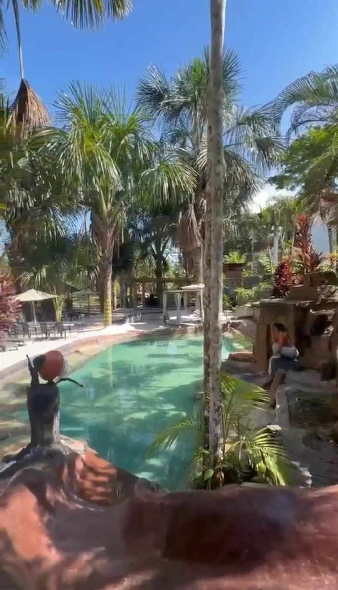 Piscina de agua turquesa entre palmeras, con sombrillas y reposeras